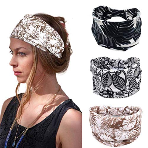 Bohend Boho Wide Headband Women Cotton Headbands Knotted Stretchy Bandeau No Slip Yoga Hairband (E) - Image 1
