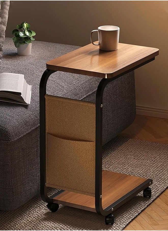 Taimi C-Shaped Side Table with Wheels and Storage Bag, Modern Design Coffee Table, Bedside or Sofa Table For Living Room and Bedroom 45x30x63CM - Brown Color with Black Frame  - Image 1