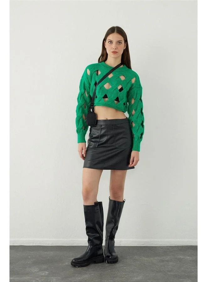 Sherin Green Oversize Holey Knit Crop Sweater.