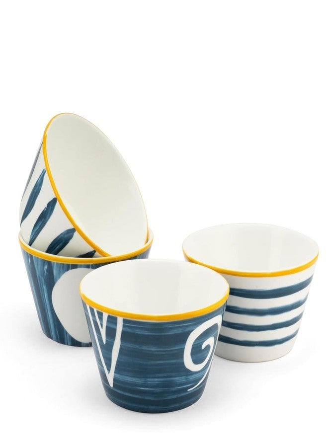 NYRWANA Modern Ceramic Bowl Set of 4 | 350ml Bowls | Microwave, Oven & Dishwasher Safe | Multipurpose Dinner Bowls for Snacks, Rice, Dal, Fruits & Salad, Valentine Gift for Girlfriend (Blue & White) - Image 1