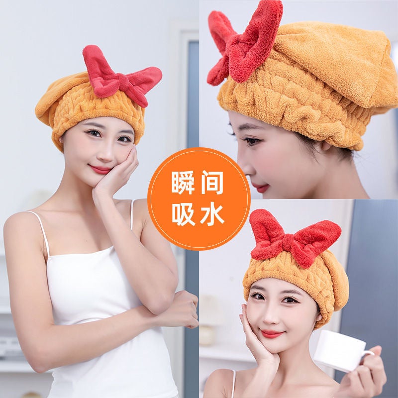 Generic Thick Absorbent Quick-Dry Hair Towel Cap with Cute Bow Big bow ginger [larger and thicker] 