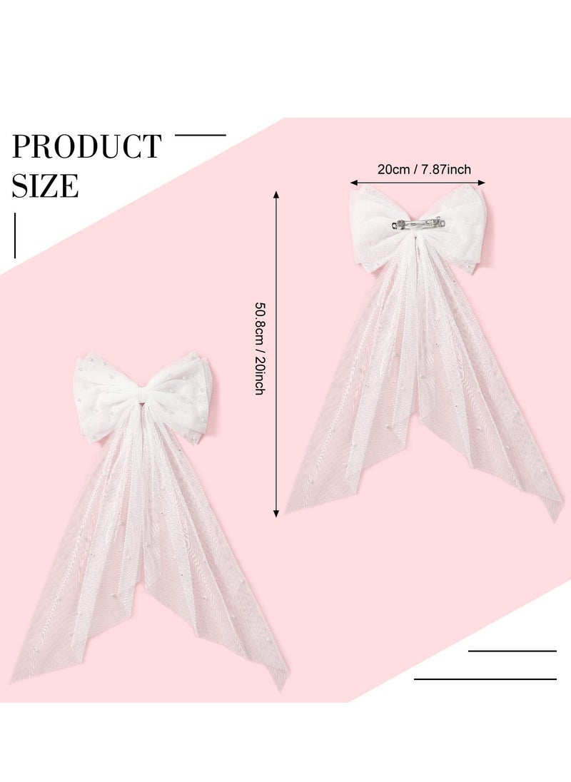 Mesh Ribbon Hairpin, Bridal Bow Veil, Pearl White Hairpin, Wedding Dress Temperament Girl Top Clip, Bridal Bridesmaid Hair Accessories (Pearl Bow, White)