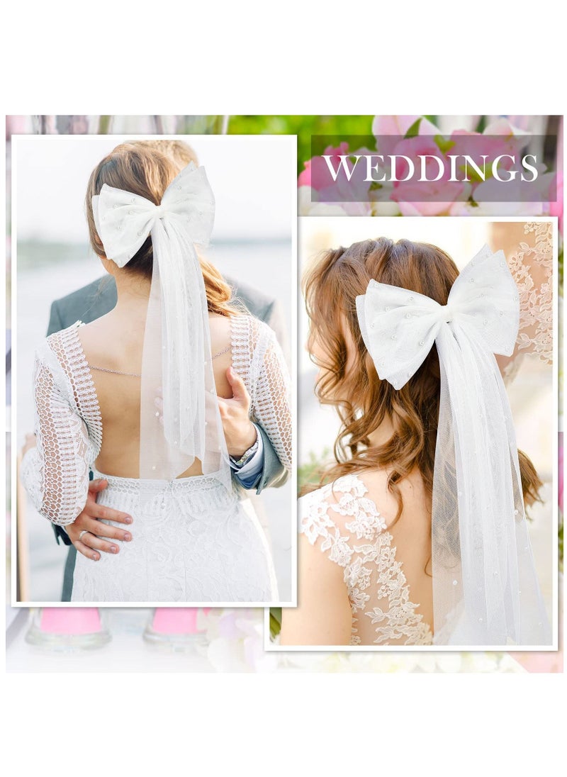 Mesh Ribbon Hairpin, Bridal Bow Veil, Pearl White Hairpin, Wedding Dress Temperament Girl Top Clip, Bridal Bridesmaid Hair Accessories (Pearl Bow, White)