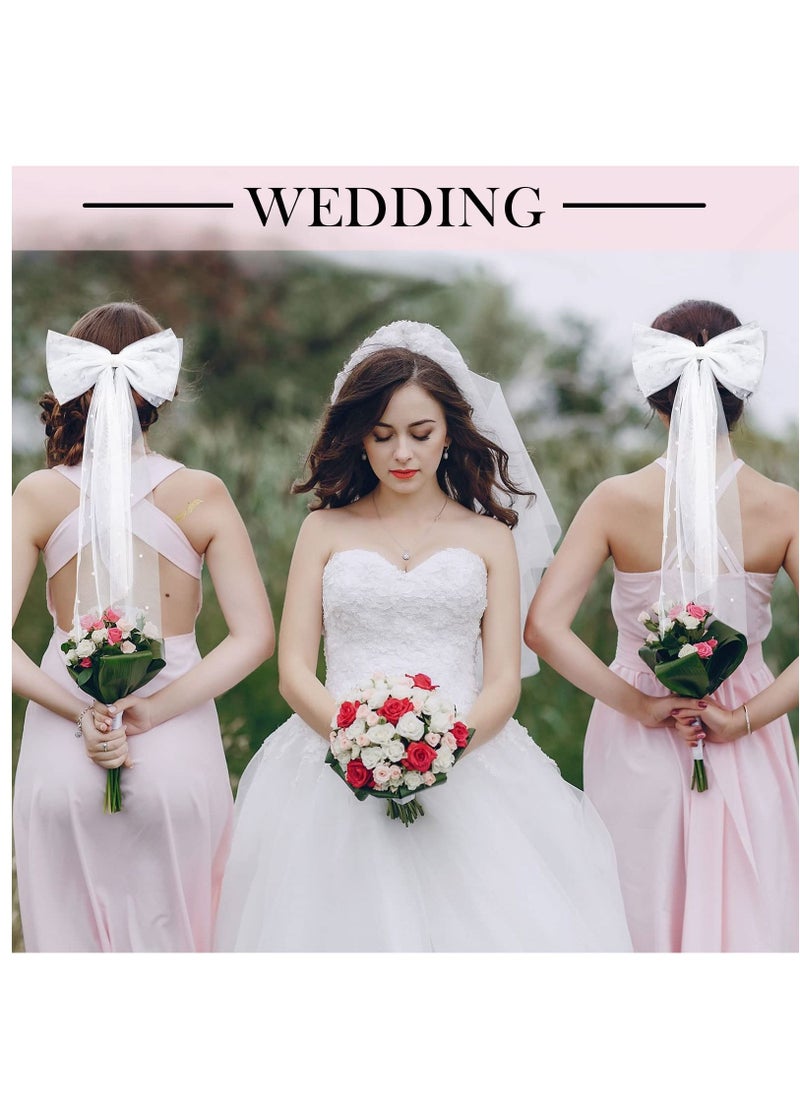 Mesh Ribbon Hairpin, Bridal Bow Veil, Pearl White Hairpin, Wedding Dress Temperament Girl Top Clip, Bridal Bridesmaid Hair Accessories (Pearl Bow, White)