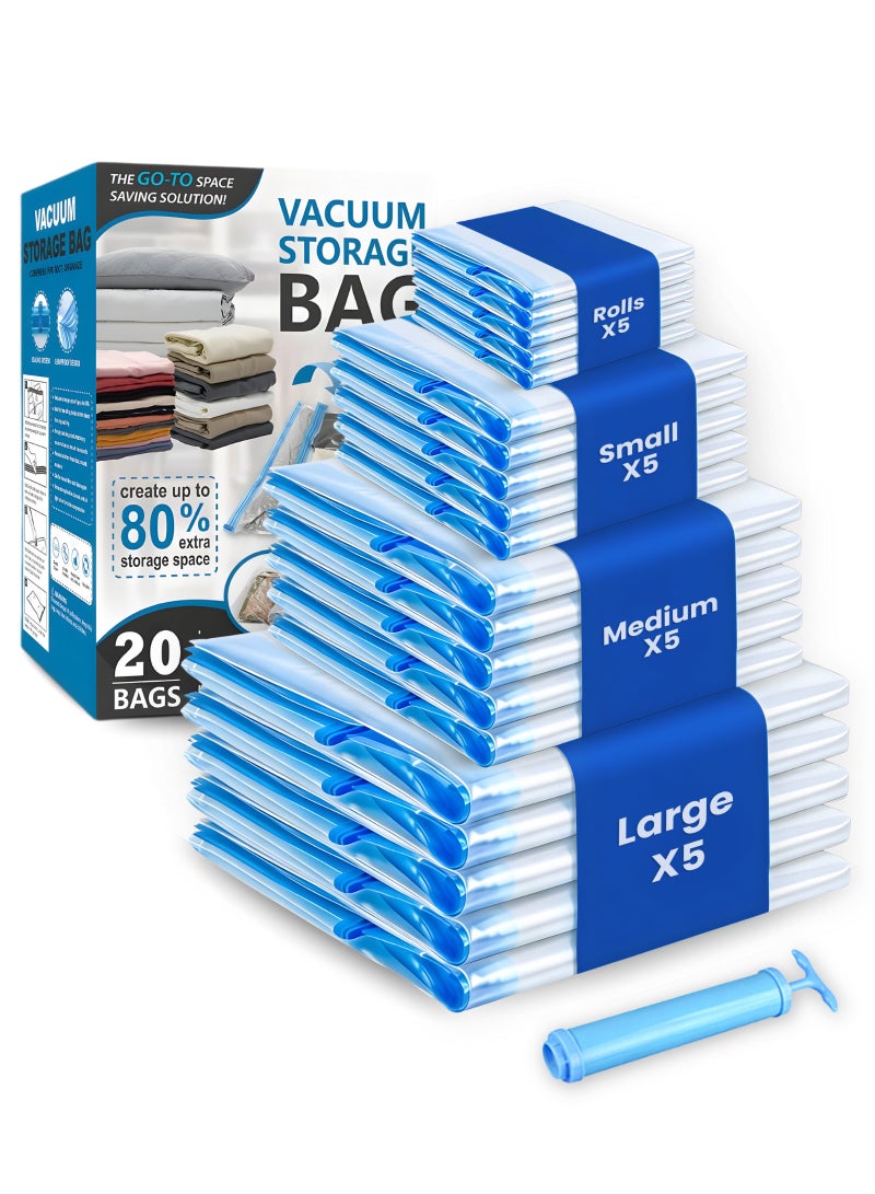 مودانوير أكياس تفريغ الهواء المتميزة ٢٠ قطعة مع مضخة يدوية، أكياس توفير المساحة القابلة لإعادة الاستخدام لتخزين الملابس والفراش والبطانيات والسفر – تحتوي على ٤ أحجام (٥ صغيرة، ٥ متوسطة، ٥ كبيرة، ٥ على شكل لفائف) - Image 1