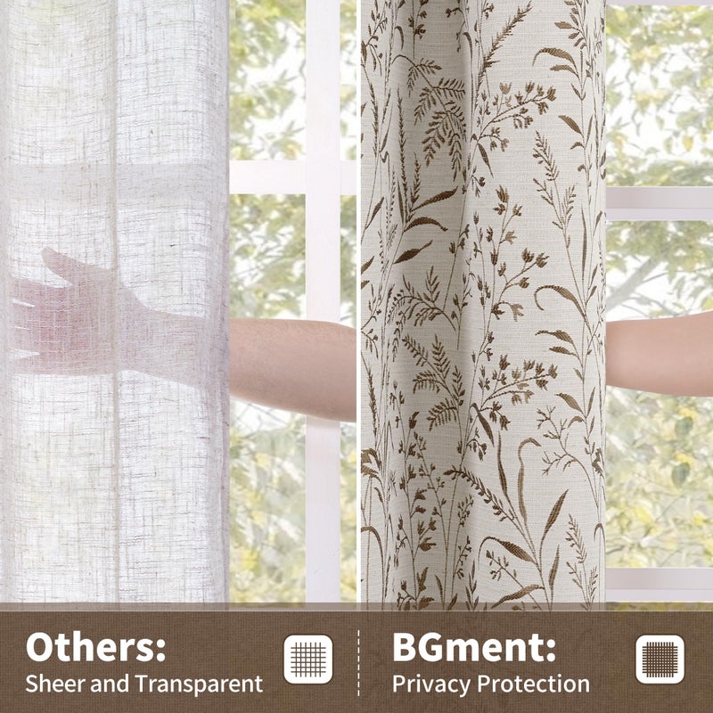 BGment Brown Vintage Curtains for Living Room - Fall Jacquard Leaf Floral Botanical Branch French Country Cottage Core Light Filtering Linen Scandi Style Decor Window Drapes, 2 Panels, 52 x 90 Inch - Image 5