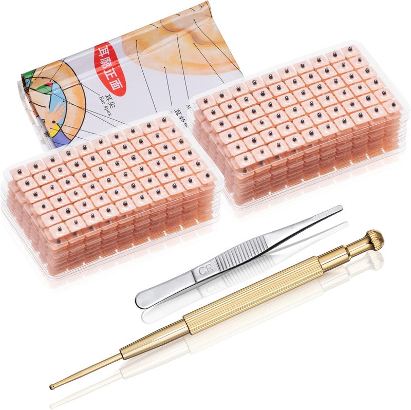 Honoson 1200 Piece Acupressure Ear Beads Ear Counts Acupuncture Acupressure Tools Disposable with Acupuncture Point Chart Probe and Tweezers - Image 1
