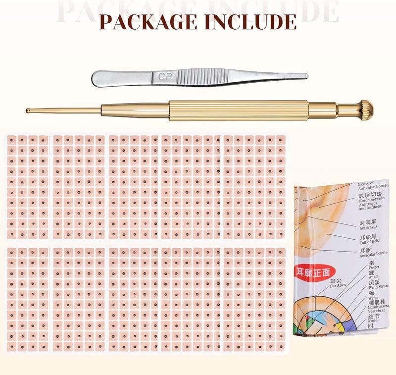 Honoson 1200 Piece Acupressure Ear Beads Ear Counts Acupuncture Acupressure Tools Disposable with Acupuncture Point Chart Probe and Tweezers - Image 2