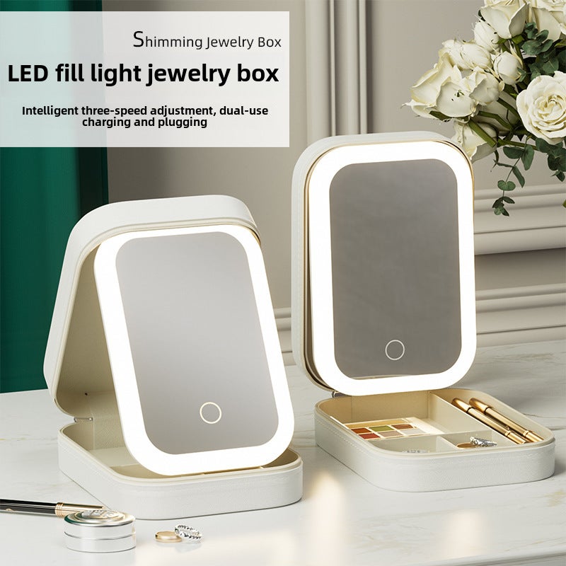 مرآة تجميل مرئية بألوان ثلاثية LED عبر الحدود، مرآة تجميل سطحية قابلة للطي وسهلة النقل، مرآة صندوق مجوهرات تجميل (لون وردي) - Image 2