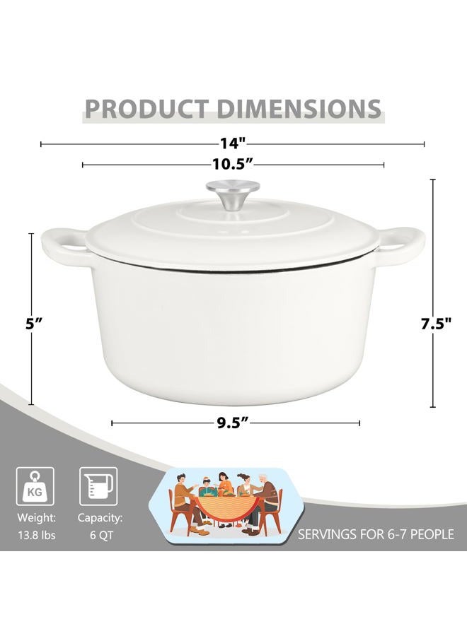 E-far 6 Quart Dutch Oven, Enameled Cast Iron Dutch Oven Pot with Lid, Nonstick Round Cookware for Braising/Stews/Roasting/Bread Baking/Cooking, Heavy Duty, Induction & Oven Safe - White - Image 2