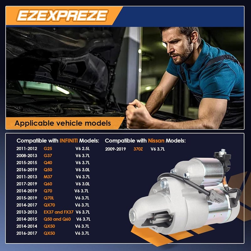 إكزيكسبريز 17934 موتور بدء تشغيل متوافق مع نيسان 370Z 09-19، إنفينيتي Q50 14-19، G25 11-12، QX50 14 16-17، Q60 14-19، G37 08-13، QX70 14-17، Q70 FX37 Q40 EX37 M37، 2.5L 3.0L 3.7L - Image 2