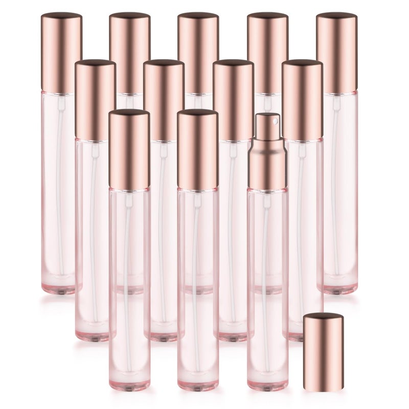 glasstore 12 Pack 10 ml/0.3oz Pink Glass Spray Bottles Refillable Empty Perfume Bottles Travel Fine Mist Spray Bottles Sample Containers Atomizer For Perfume Essential Oils Liquid (round bottle) - Image 1
