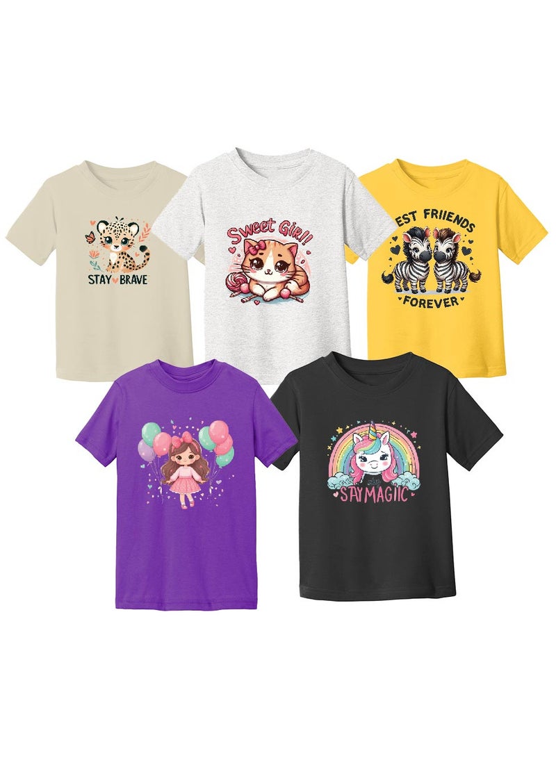 PRINTSHOP4ME Pack of 5 Stylish Girl's T-Shirt Combo Pack - Short Sleeve Printed Combo T-Shirt for Girl - Girls Round Neck T-Shirt Combo Pack - Kids Combo Tshirt - Image 1