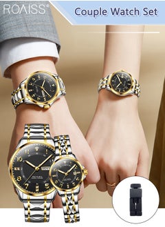 roaiss Stainless Steel Strap Couple Quartz Watch Set, Analog Display Round Dial with Rhinestones Decoration, Luxurious Luminous Waterproof Calendar Watch Gift for Men Women, Black  - Image 1