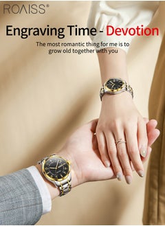 roaiss Stainless Steel Strap Couple Quartz Watch Set, Analog Display Round Dial with Rhinestones Decoration, Luxurious Luminous Waterproof Calendar Watch Gift for Men Women, Black  - Image 2