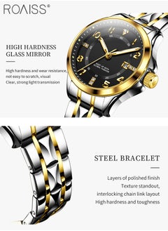 roaiss Stainless Steel Strap Couple Quartz Watch Set, Analog Display Round Dial with Rhinestones Decoration, Luxurious Luminous Waterproof Calendar Watch Gift for Men Women, Black  - Image 5
