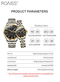roaiss Stainless Steel Strap Couple Quartz Watch Set, Analog Display Round Dial with Rhinestones Decoration, Luxurious Luminous Waterproof Calendar Watch Gift for Men Women, Black  - Image 4
