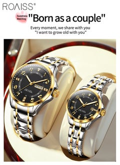 roaiss Stainless Steel Strap Couple Quartz Watch Set, Analog Display Round Dial with Rhinestones Decoration, Luxurious Luminous Waterproof Calendar Watch Gift for Men Women, Black  - Image 3