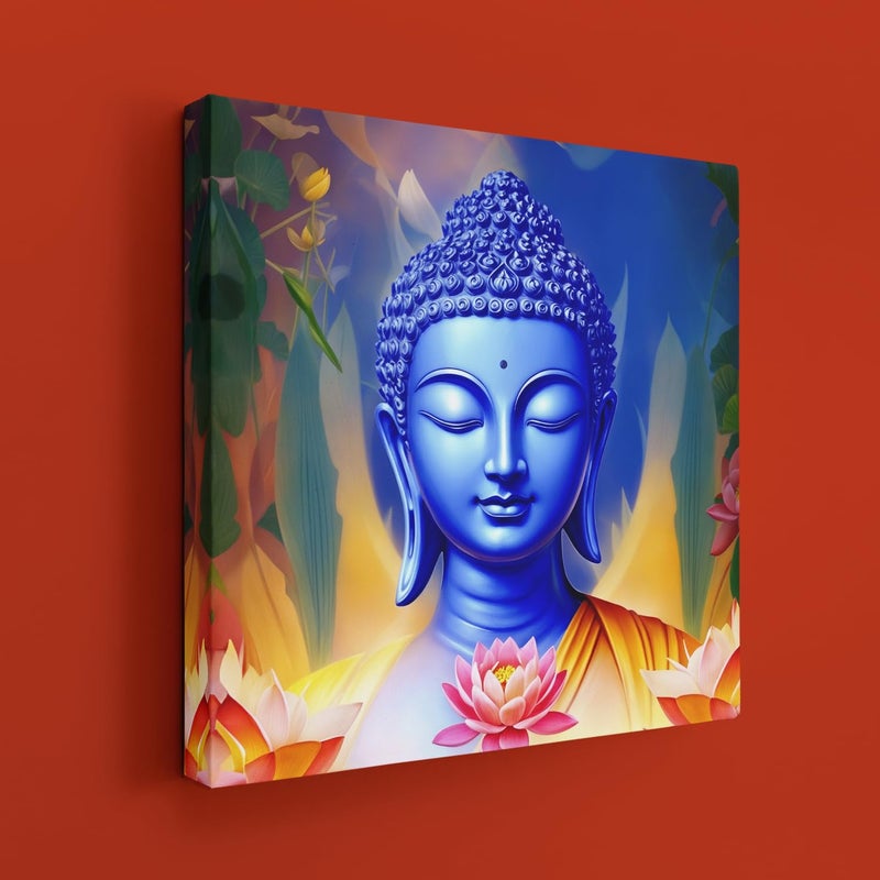 Ritwikas Meditating Lord Buddha Blue Abstract Religious Gallery Wrapped Canvas Wall Painting Perfect For Home Office Decor In Two Size 16 x 16and 20 x 20 Inch Set of 1