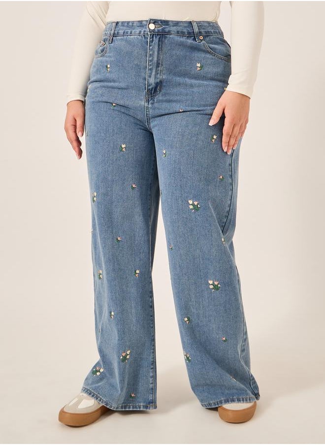 Plus Size High Rise Embroidered Wide Leg Jeans
