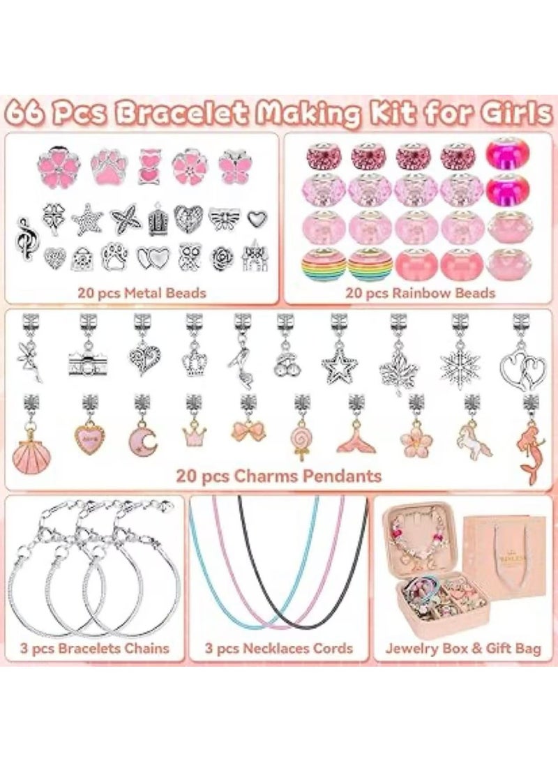 Jewelry Box Girl Charm Bracelet Making Kit 66 Pcs DIY Jewelry Making Kit for Girls Beads Necklace kit Jewelry Making Charm Pendants Craft with Box  - Image 2