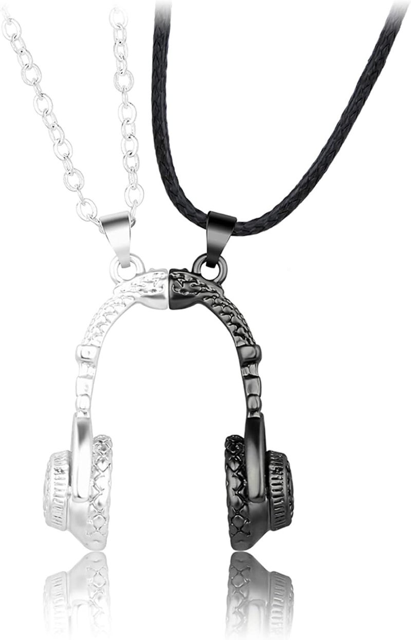 klarako Headset Couple Necklace, Magnetic Music Headphone Pendant Necklace, Unique Love Headset Necklaces, Fashion New Headset Couple Necklace, Magnet Necklaces Hip Hop Wild Gifts (Silver black) - Image 2