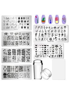 Addfavor AddFavor Nail Stamper Kit 6pcs Nail Stamping Plate Flower Butterfly Fish Shell Leaves Geometry Image Template Stamper Plate with Clear Silicone Nail Stamper and Scraper Manicure Stencils Tools  - Image 1