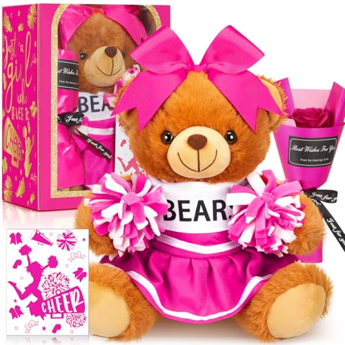 Arrowbash Cheerleading Gift Set Including Cute Cheerleader Bear, Artificial Flower, Card and Box for Cheerleading Lovers Cheer Team Christmas Party Favors Gifts(Rose Pink) - Image 1