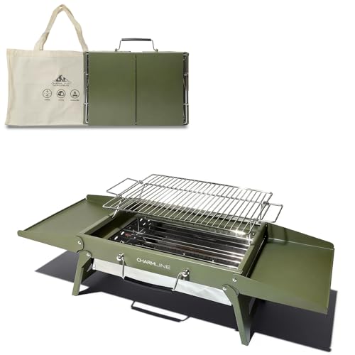Charmline 15 x 11 inches Portable Charcoal BBQ Grill, Foldable Compact Camping Barbecue for 2–4 People, Ideal for Garden, Beach, Picnic & Tabletop Use, Green - Image 1