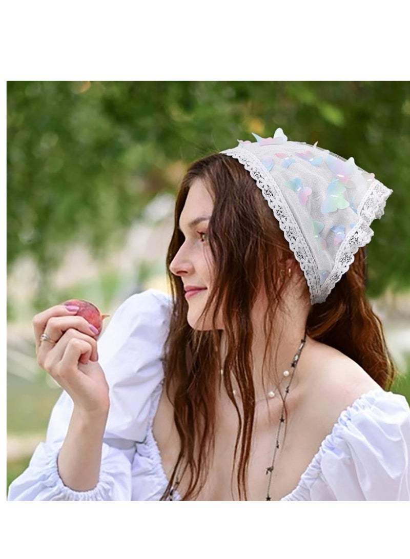 Excefore Butterfly Chiffon Hair Bandanas, Triangle Floral Hair Scarf Headbands, Print Lace Head Kerchief for Women and Girls (2 Pcs)  - Image 3