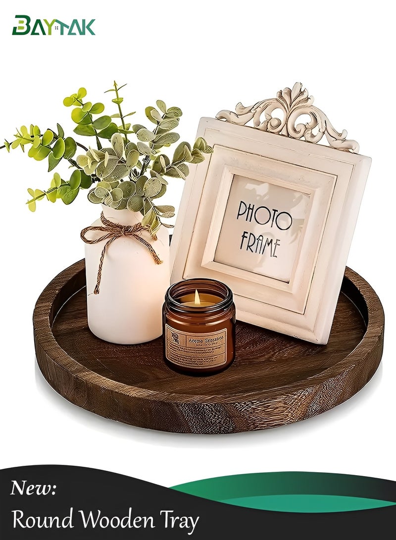 بيتك Solid Wood Round Serving Tray for Candles, Snacks & Home Use, Wooden Table Tray, 20×20×2.5cm - Image 1