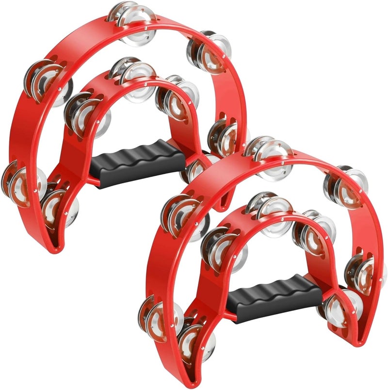 Flexzion Half Moon Musical Tambourine (2 Pack, Red) Double Row Metal Jingles Hand Held Percussion Drum with Ergonomic Handle Grip - Image 1