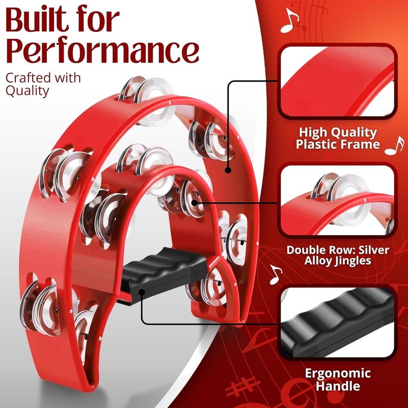 Flexzion Half Moon Musical Tambourine (2 Pack, Red) Double Row Metal Jingles Hand Held Percussion Drum with Ergonomic Handle Grip - Image 3