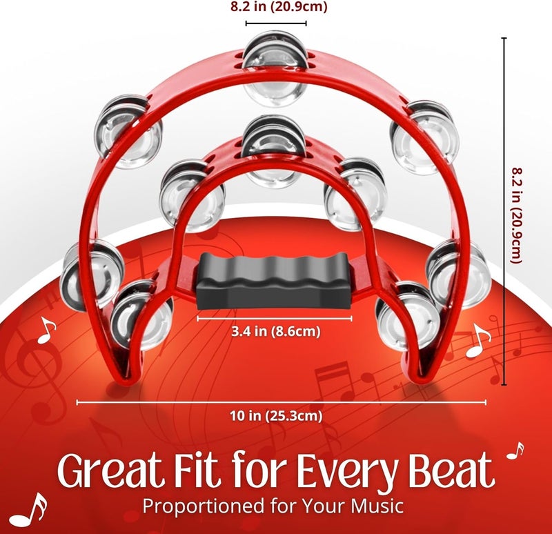 Flexzion Half Moon Musical Tambourine (2 Pack, Red) Double Row Metal Jingles Hand Held Percussion Drum with Ergonomic Handle Grip - Image 4