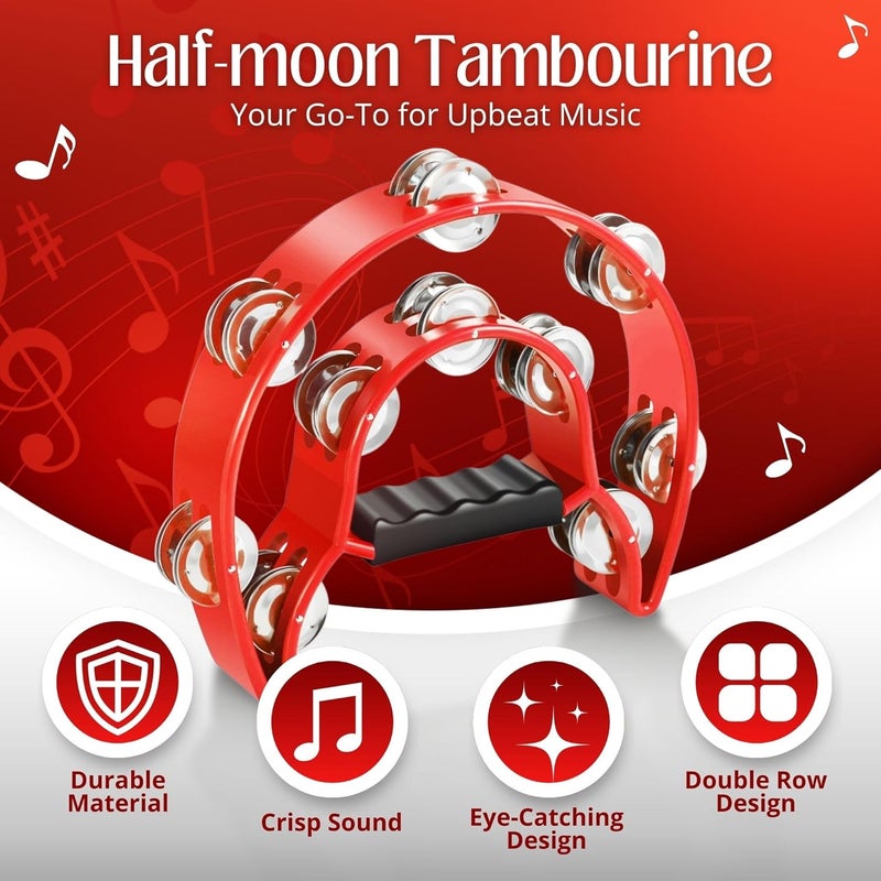 Flexzion Half Moon Musical Tambourine (2 Pack, Red) Double Row Metal Jingles Hand Held Percussion Drum with Ergonomic Handle Grip - Image 2
