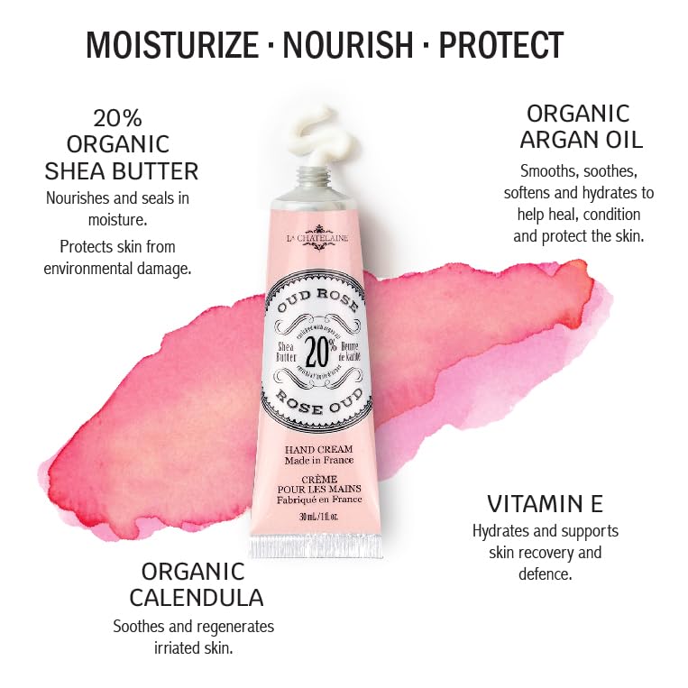 La Chatelaine 20% Shea Butter Hand Cream Travel Size, New Scent, Organic Argan Oil, Moisturizing, Nourishing, Repairing, Extra-Rich Hand Lotion, Made in France, Paraben Free, 1 oz / 30ml (Oud Rose) - Image 2