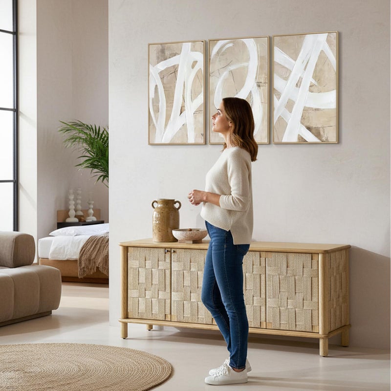 Zessonic Neutral Abstract Wall Art Minimalist White Brown Pastel Paint Strokes Shapes Textured Framed Wall Decor Artwork Canvas Paintings- Living Room Bedroom Office Modern Neutral 16"x24" 3 piece - Image 3