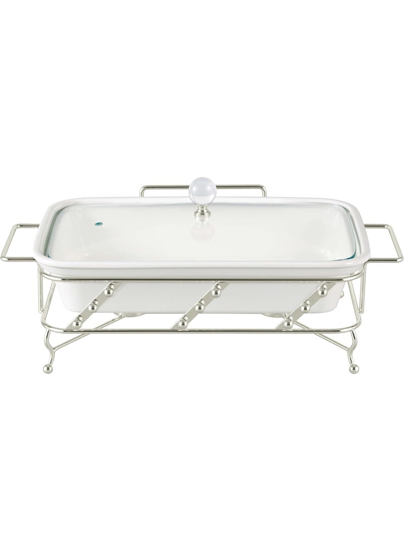 Orchid Porcelain Rectangular Casserole with Tealight Candle Stand, Dining Table Casserole, Ceramic Food Warmer Serving Dish with Lid, Heat-Keeping Buffet Casserole Dish (White, 12 Inches Rectangle) - Image 1