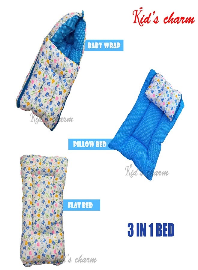 Kid's Charm Kid’s Charm 3 in 1 Baby's Cotton Bed Cum Carry Bed Printed Baby Sleeping Bag-Baby Bed-Infant Portable Bassinet-Nest for Co-Sleeping Unisex Baby Bedding for New Born 0-8 Months Old (Teddy Bluish-White) - Image 3