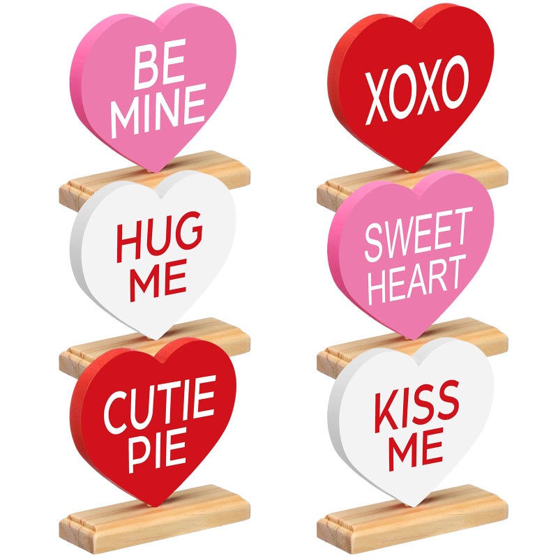 Yousoontic 6 Pcs Valentines Day Wooden Heart Blocks Red Pink white Wood Heart Signs Table Decor Candy Rustic Valentine Centerpiece Gift Tiered Tray Decor for Home Office Mantel - Image 1