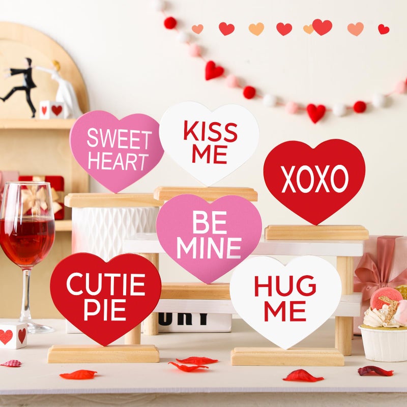 Yousoontic 6 Pcs Valentines Day Wooden Heart Blocks Red Pink white Wood Heart Signs Table Decor Candy Rustic Valentine Centerpiece Gift Tiered Tray Decor for Home Office Mantel - Image 3