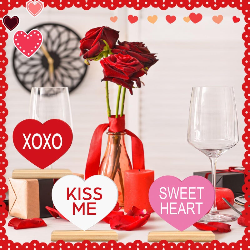 Yousoontic 6 Pcs Valentines Day Wooden Heart Blocks Red Pink white Wood Heart Signs Table Decor Candy Rustic Valentine Centerpiece Gift Tiered Tray Decor for Home Office Mantel - Image 5