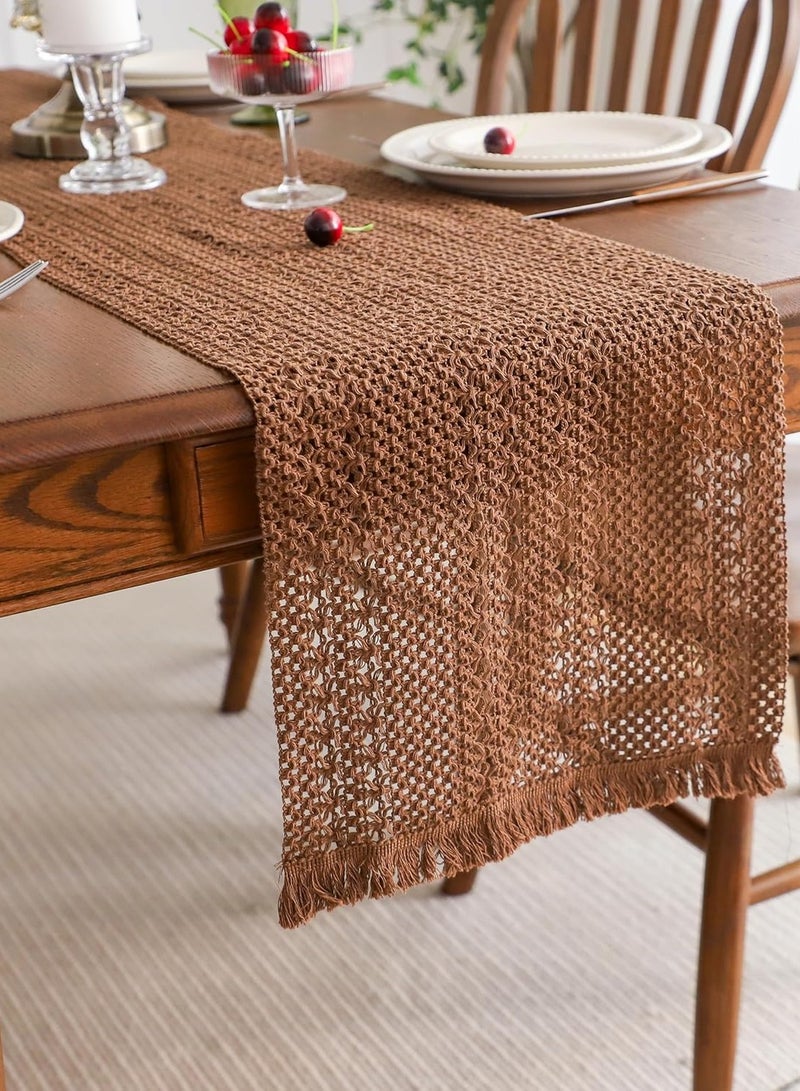 Arabest Boho Macrame 100% Cotton Table Runner - 30cmx180cm, Woven Farmhouse Table Runner with Tassels for Bohemian Rustic Wedding, Bridal Shower, Dinner （Brown）  - Image 1