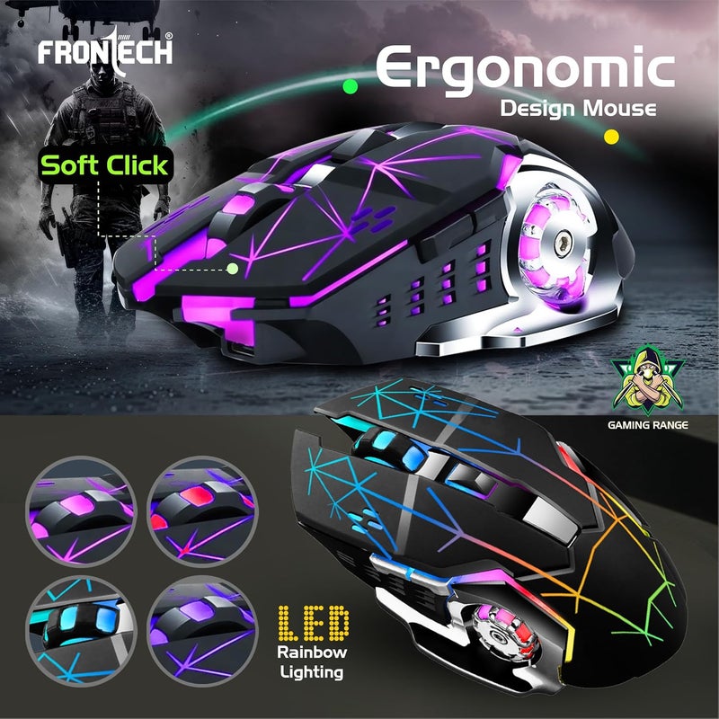 FRONTECH Wireless Gaming Keyboard & Mouse Combo | Rainbow Backlit | 2.4GHz | 4800 DPI | Rechargeable | Type-C | 104 Keys | Windows/Mac/Android/iOS Compatible (KB-0025B) - Image 5