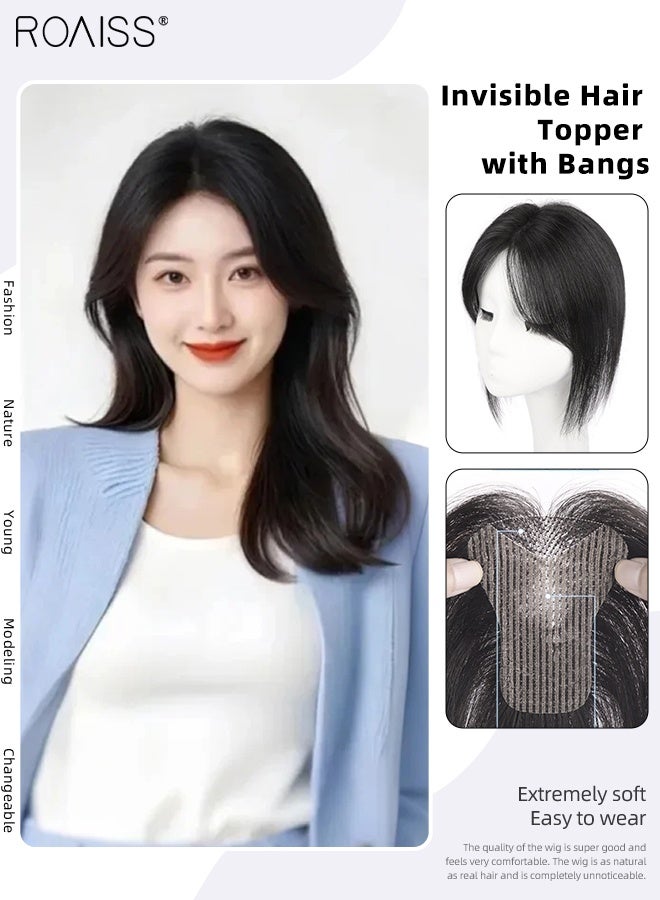 roaiss Women's Invisible Hair Topper with Bangs, Elegant Middle-parted Bangs, Thin  Breathable Velcro Hairpiece, Suitable for Women with Sparse Hair Loss, Covering Grey Hair Increasing Hair Volume, Natural Black, 25cm - Image 1