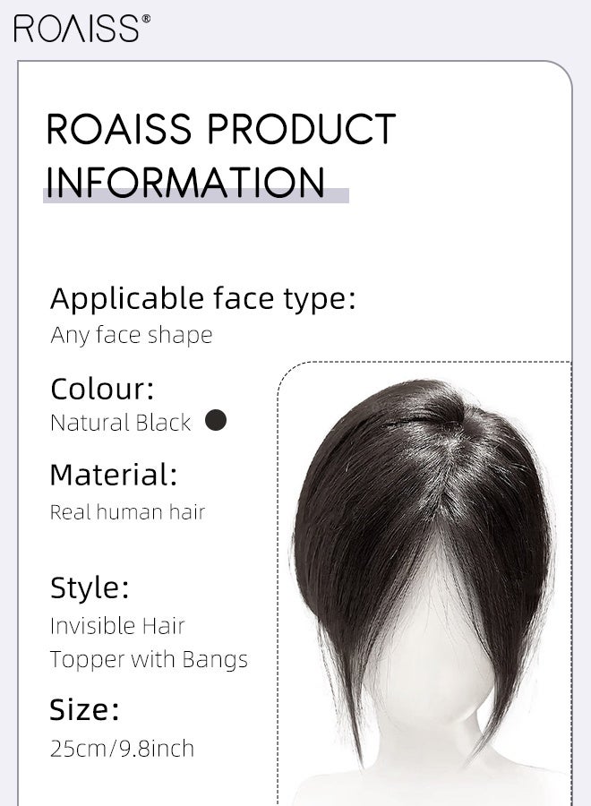 roaiss Women's Invisible Hair Topper with Bangs, Elegant Middle-parted Bangs, Thin  Breathable Velcro Hairpiece, Suitable for Women with Sparse Hair Loss, Covering Grey Hair Increasing Hair Volume, Natural Black, 25cm - Image 3