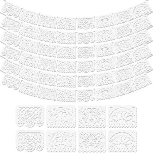 Asoulin 6Pack White Papel Picado Banner Cinco De Mayo Plastic Mexican Party Banner Wedding Fiesta Party Decoration 5 De Mayo Mexican Themed Party Mexico Birthday Party Decor Supplies 4 Patterns90Ft - Image 1