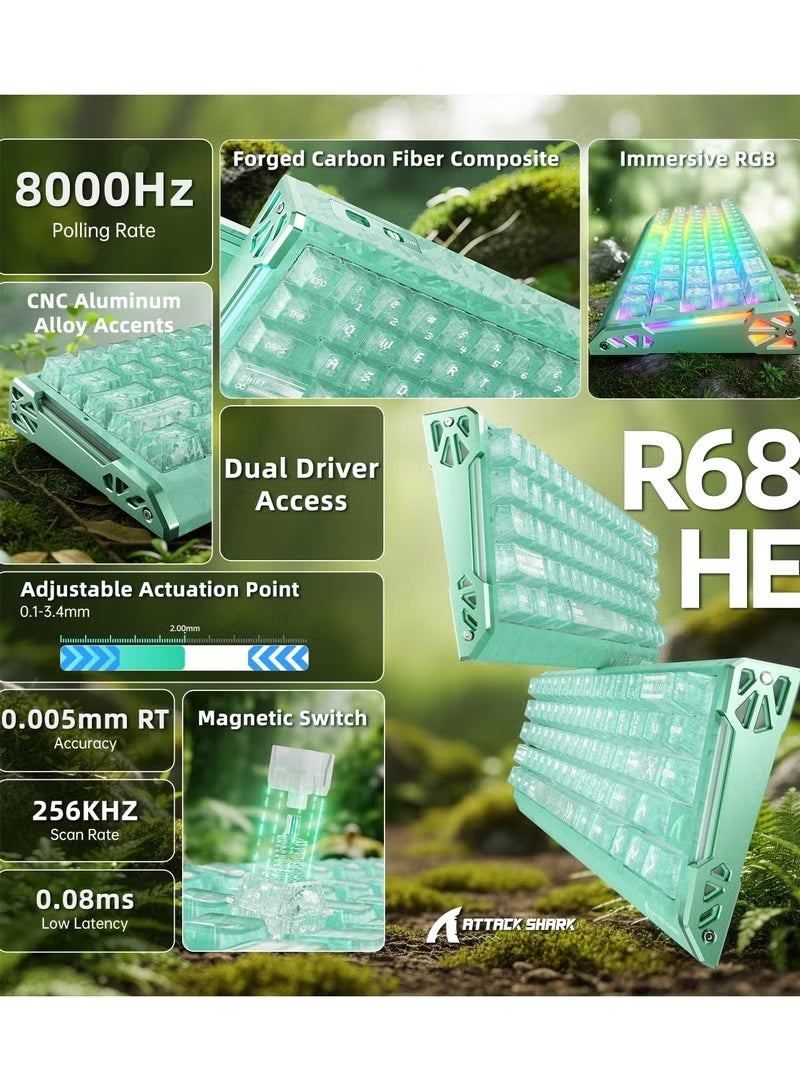 هجوم القرش لوحة مفاتيح الألعاب R68HE 60% سلكية RT 8K ميكانيكية RGB TKL - أخضر | دقة 0.005 مم، زمن استجابة 0.08 مللي ثانية، مسح 256 ألف، مفتاح مغناطيسي بتقنية هول، برنامج تشغيل عبر الإنترنت، مصنوعة من ألياف الكربون وسبائك الألومنيوم CNC لأجهزة الكمبيوتر الشخصية وألعاب FPS - أخضر - Image 2