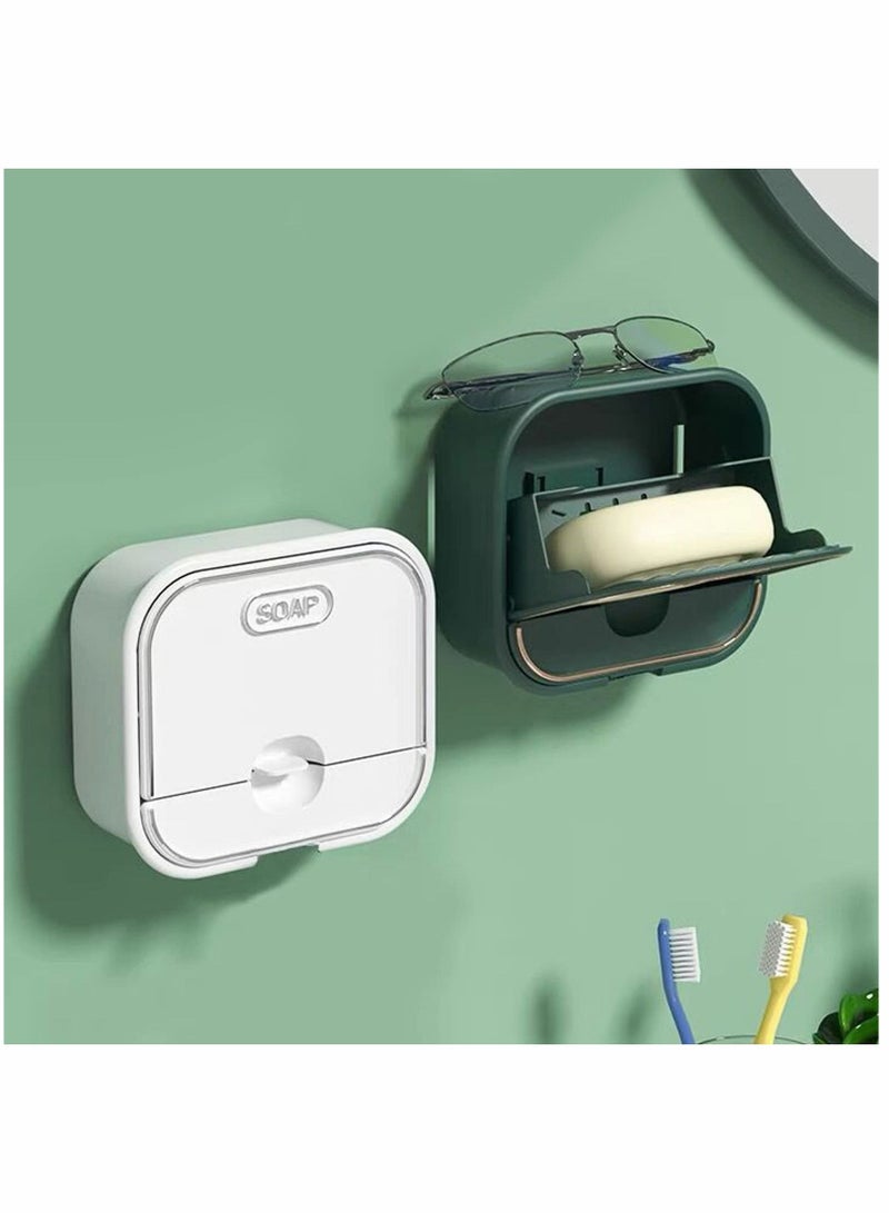 SYOSI Soap Holder, Green+White 2Pcs, with Drain Wall Mounted Soap Box for Shower, Bathroom, Bathtub, Kitchen Sink, Waterproof Dustproof, No Drilling Soap Box - Image 2