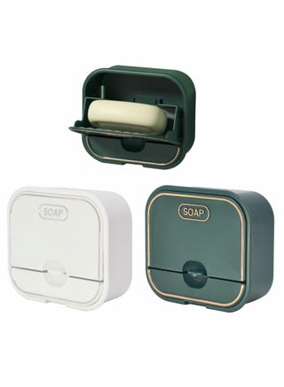 Soap Holder, Green+White 2Pcs, with Drain Wall Mounted Soap Box for Shower, Bathroom, Bathtub, Kitchen Sink, Waterproof Dustproof, No Drilling Soap Box